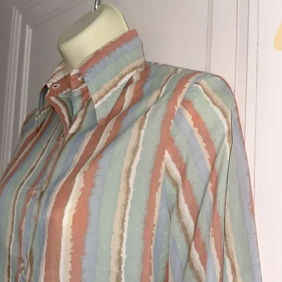 Vintage 70s College Town Striped Orange, Blue, Green, Tan & Cream Shirt - Picture 4 of 9